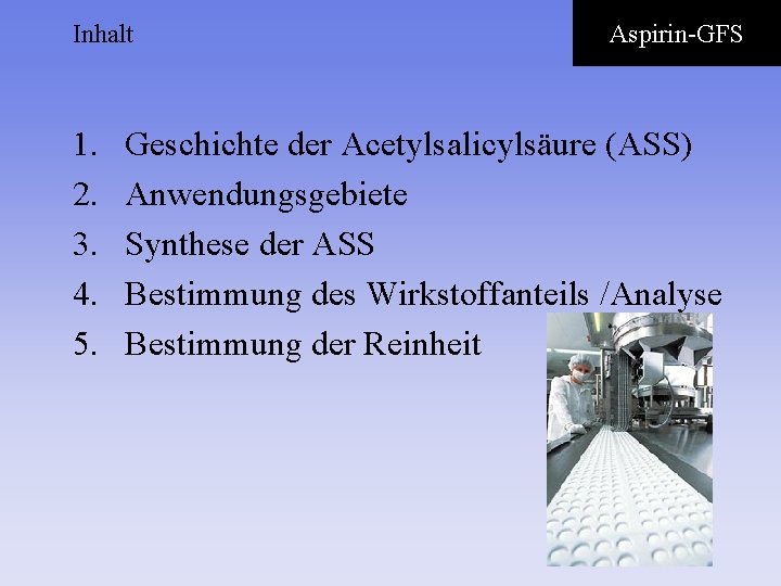Inhalt 1. 2. 3. 4. 5. Aspirin-GFS Geschichte der Acetylsalicylsäure (ASS) Anwendungsgebiete Synthese der