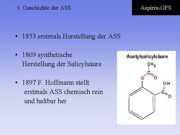 1. Geschichte der ASS • 1853 erstmals Herstellung der ASS • 1869 synthetische Herstellung