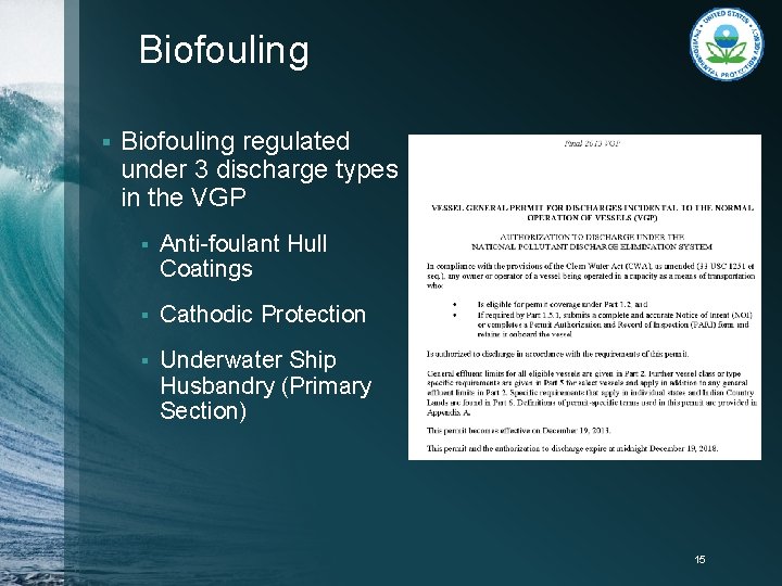 Biofouling § Biofouling regulated under 3 discharge types in the VGP § Anti-foulant Hull
