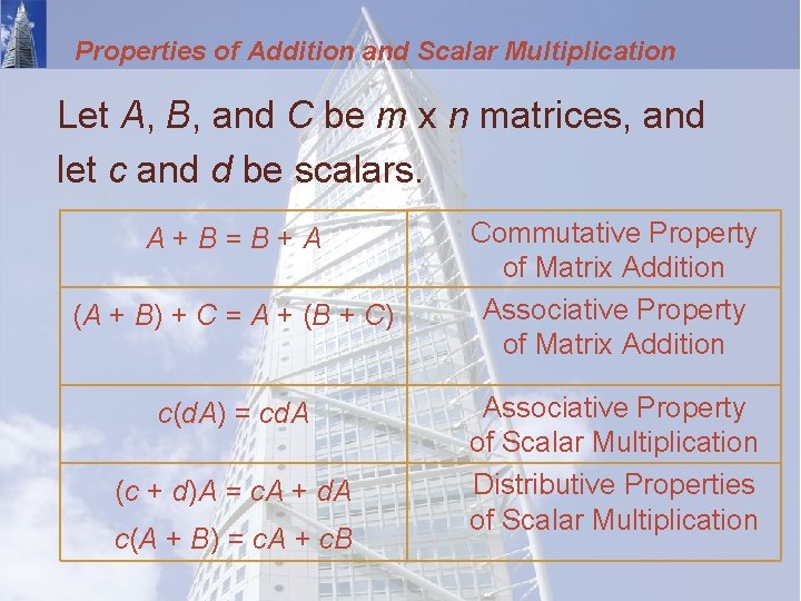 Properties of Addition and Scalar Multiplication Let A, B, and C be m x