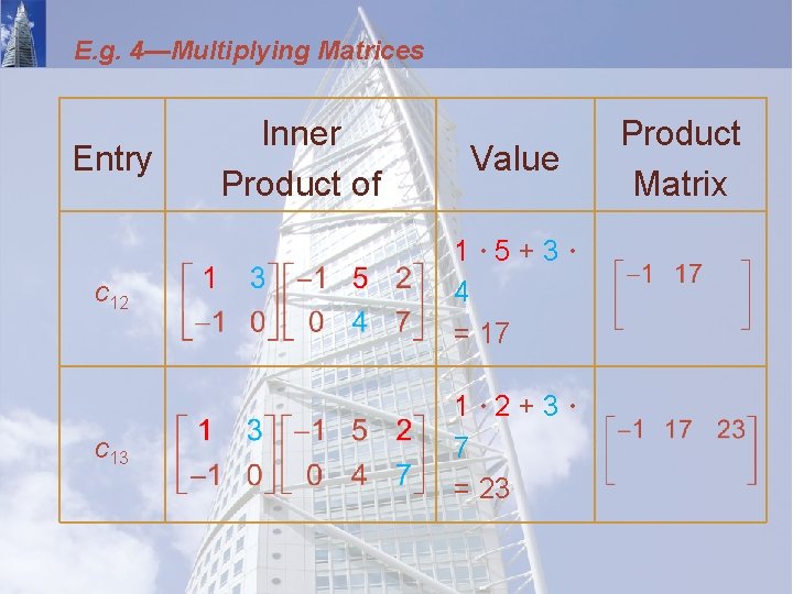 E. g. 4—Multiplying Matrices Entry Inner Product of Value c 12 1· 5+3· 4