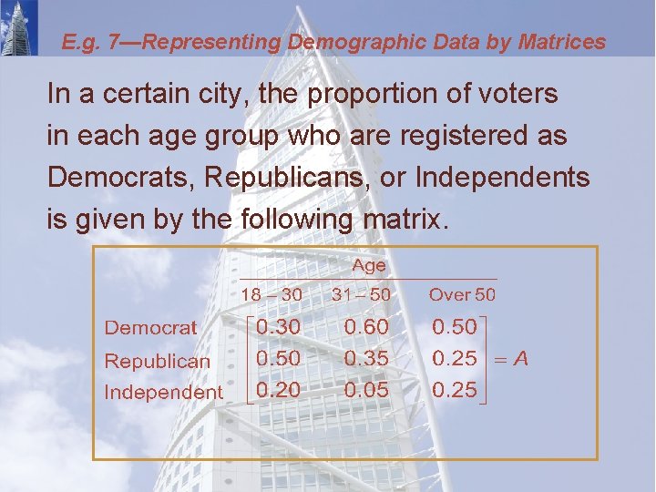 E. g. 7—Representing Demographic Data by Matrices In a certain city, the proportion of