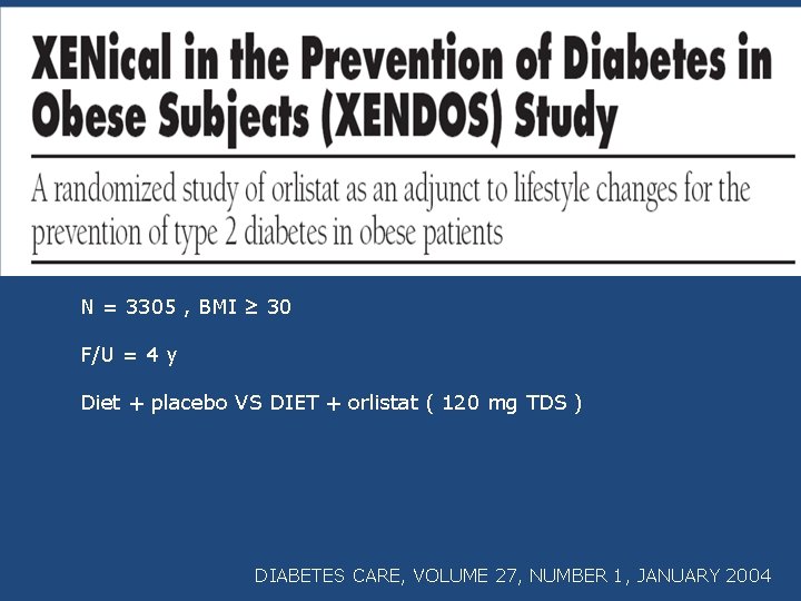 N = 3305 , BMI ≥ 30 F/U = 4 y Diet + placebo