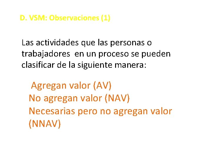 D. VSM: Observaciones (1) Las actividades que las personas o trabajadores en un proceso