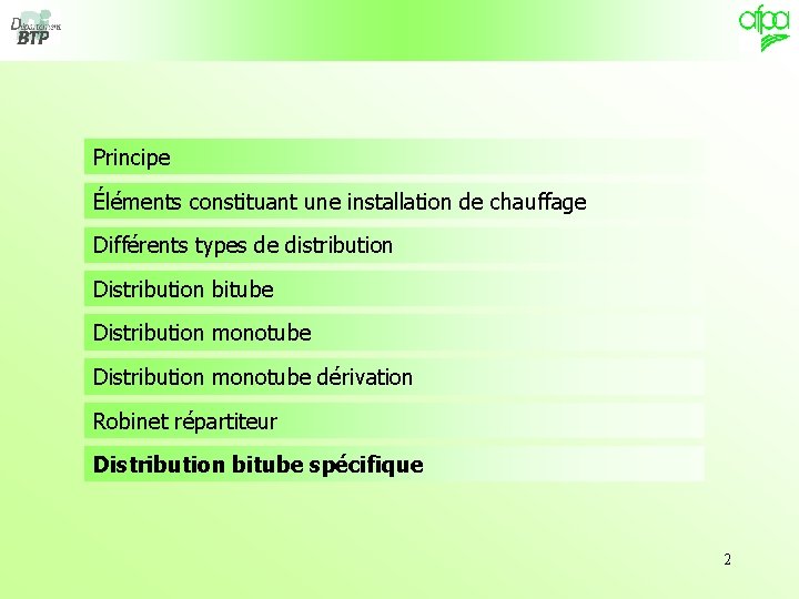 Principe Éléments constituant une installation de chauffage Différents types de distribution Distribution bitube Distribution Principe Éléments constituant une installation de chauffage Différents types de distribution Distribution bitube Distribution