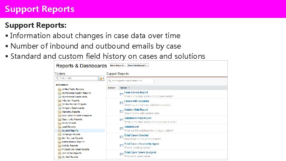 Support Reports: § Information about changes in case data over time § Number of