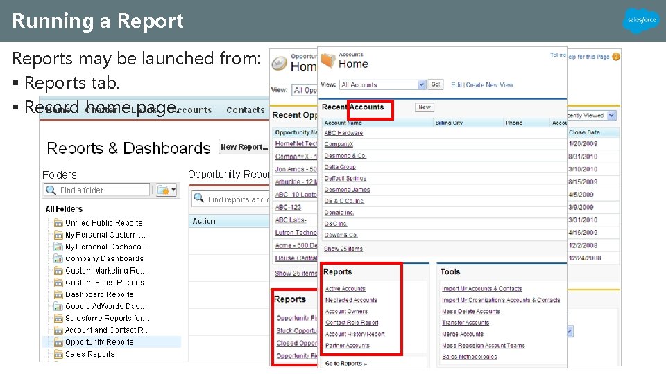 Running a Reports may be launched from: § Reports tab. § Record home page. Running a Reports may be launched from: § Reports tab. § Record home page.