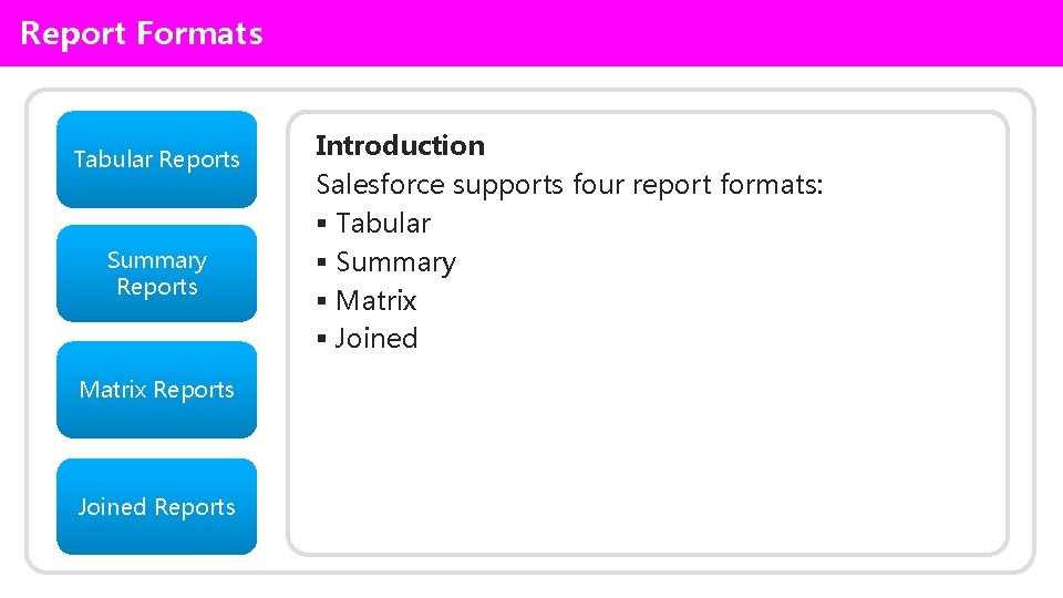 Report Formats Tabular Reports Summary Reports Matrix Reports Joined Reports Introduction Salesforce supports four Report Formats Tabular Reports Summary Reports Matrix Reports Joined Reports Introduction Salesforce supports four