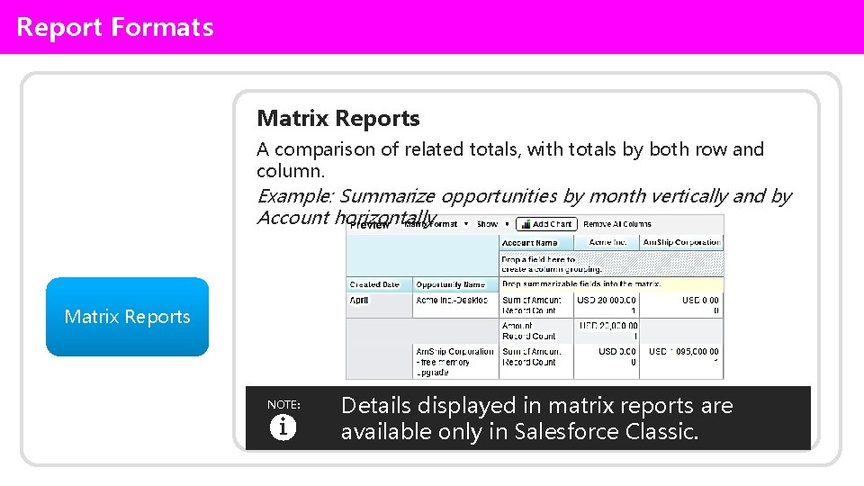 Report Formats Matrix Reports A comparison of related totals, with totals by both row