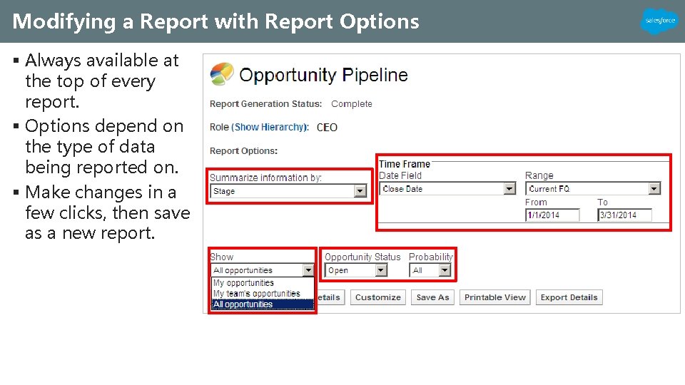 Modifying a Report with Report Options § Always available at the top of every Modifying a Report with Report Options § Always available at the top of every