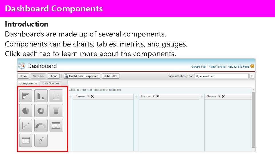 Dashboard Components Introduction Dashboards are made up of several components. Components can be charts, Dashboard Components Introduction Dashboards are made up of several components. Components can be charts,