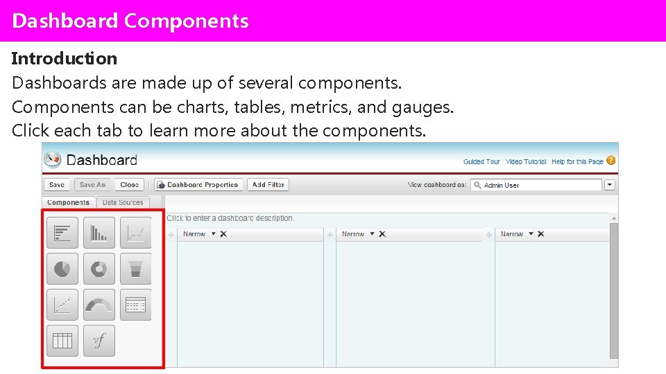 Dashboard Components Introduction Dashboards are made up of several components. Components can be charts,