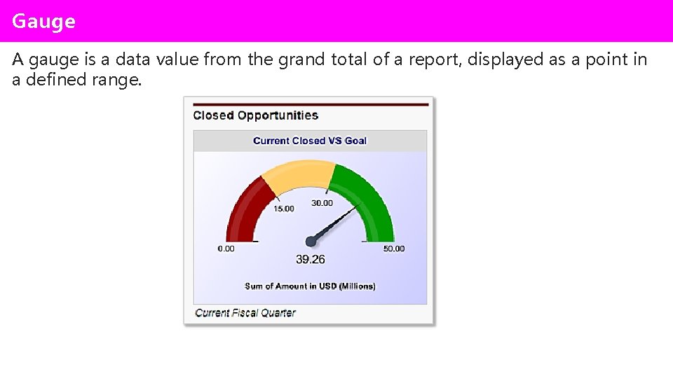 Gauge A gauge is a data value from the grand total of a report,