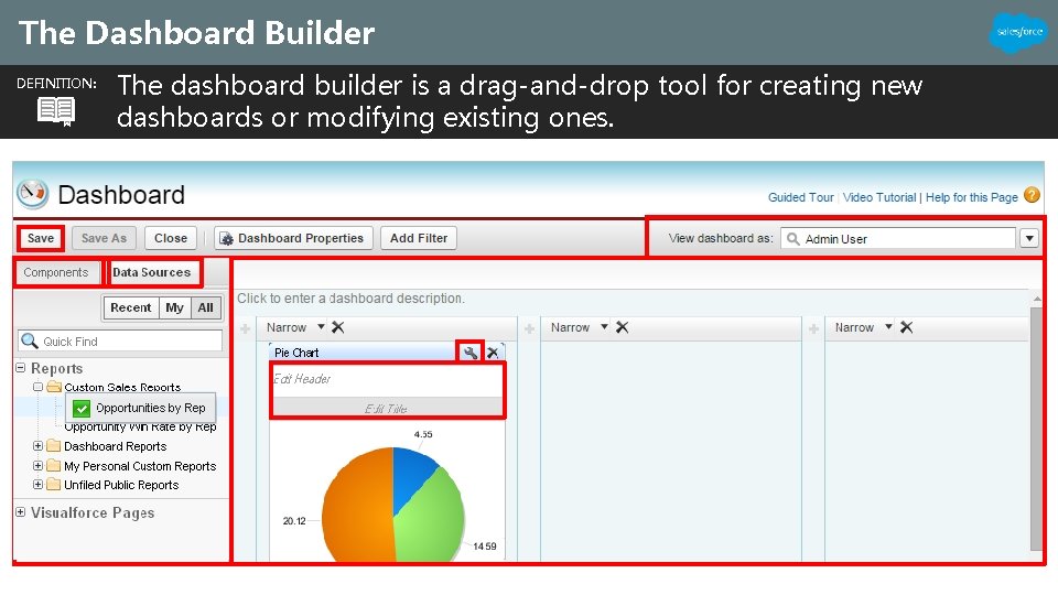 The Dashboard Builder DEFINITION: The dashboard builder is a drag-and-drop tool for creating new