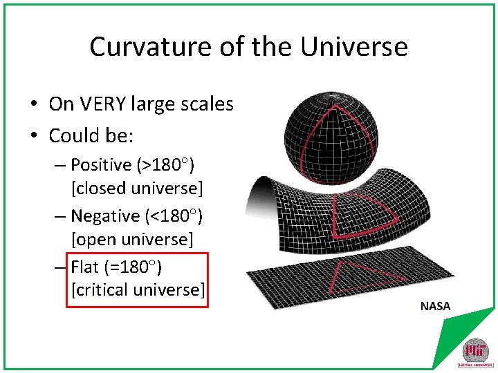 Curvature of the Universe • On VERY large scales • Could be: – Positive