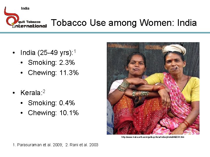 India Tobacco Use among Women: India • India (25 -49 yrs): 1 • Smoking: