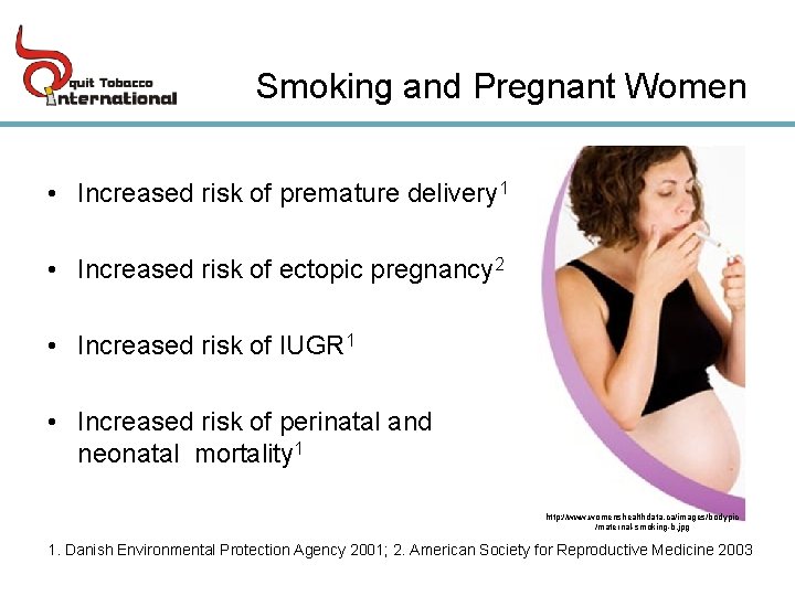Smoking and Pregnant Women • Increased risk of premature delivery 1 • Increased risk