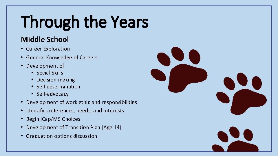 Through the Years Middle School • Career Exploration • General Knowledge of Careers •