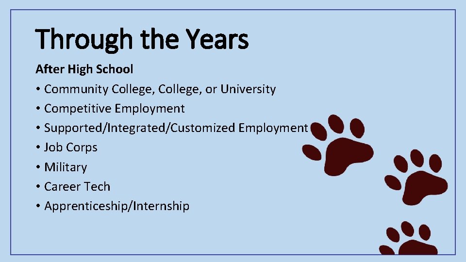 Through the Years After High School • Community College, or University • Competitive Employment