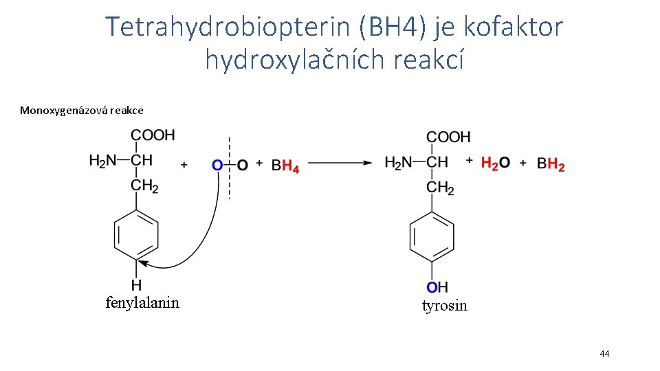 Tetrahydrobiopterin (BH 4) je kofaktor hydroxylačních reakcí Monoxygenázová reakce fenylalanin tyrosin 44 