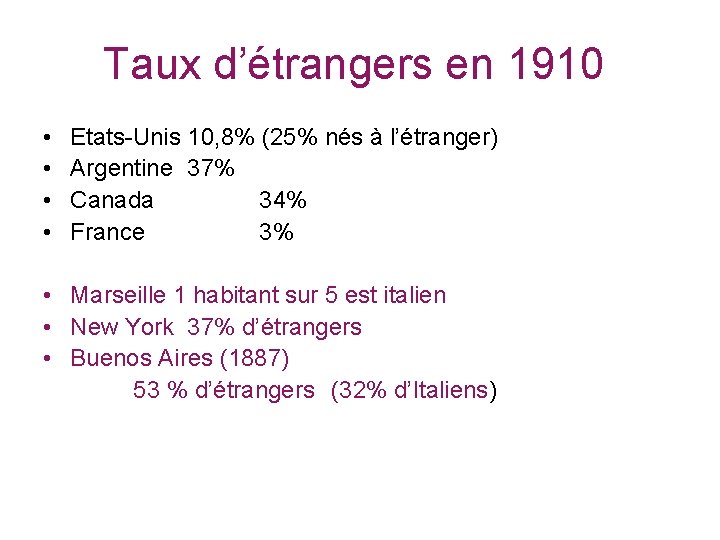 Taux d’étrangers en 1910 • • Etats-Unis 10, 8% (25% nés à l’étranger) Argentine