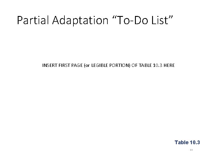 Partial Adaptation “To-Do List” INSERT FIRST PAGE (or LEGIBLE PORTION) OF TABLE 10. 3