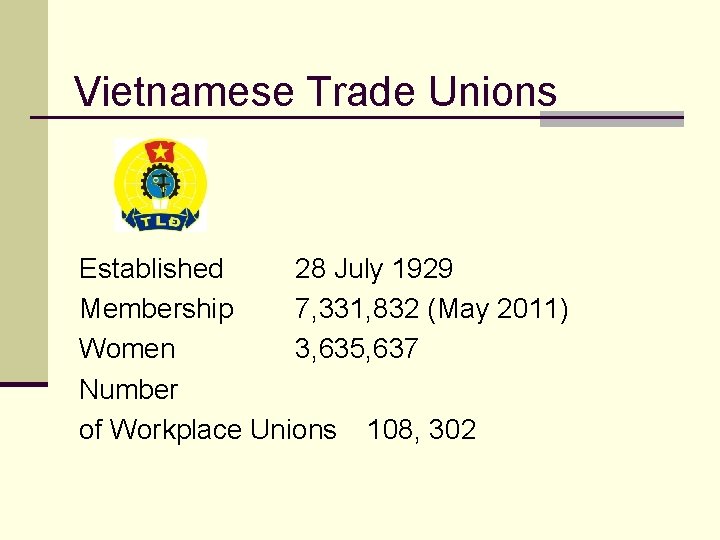 Vietnamese Trade Unions Established 28 July 1929 Membership 7, 331, 832 (May 2011) Women