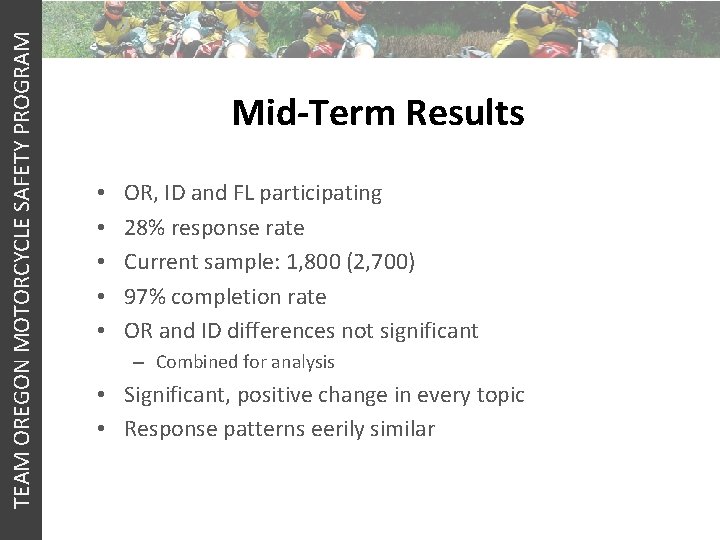 TEAM OREGON MOTORCYCLE SAFETY PROGRAM Mid-Term Results • • • OR, ID and FL