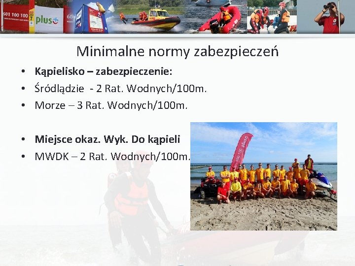 Minimalne normy zabezpieczeń • Kąpielisko – zabezpieczenie: • Śródlądzie - 2 Rat. Wodnych/100 m.