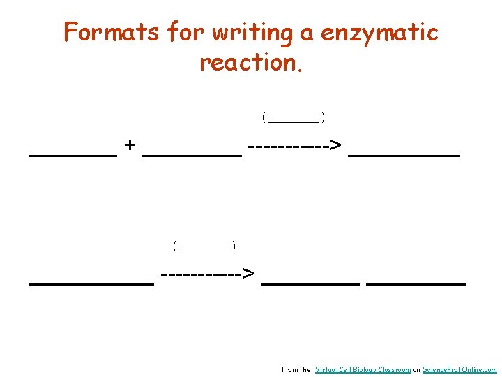 Formats for writing a enzymatic reaction. ( ____ ) _______ + ____ ------> _____