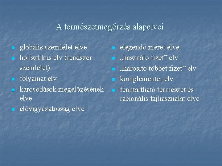 A természetmegőrzés alapelvei n n n globális szemlélet elve holisztikus elv (rendszer szemlélet) folyamat