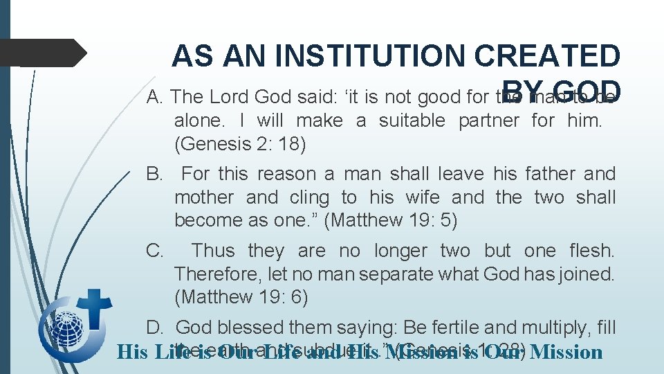 AS AN INSTITUTION CREATED BY GOD A. The Lord God said: ‘it is not