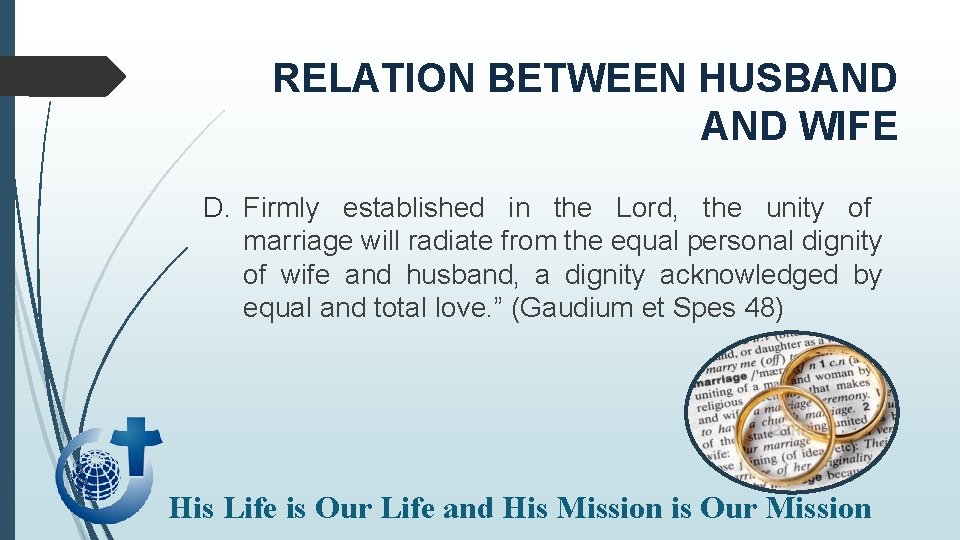 RELATION BETWEEN HUSBAND WIFE D. Firmly established in the Lord, the unity of marriage