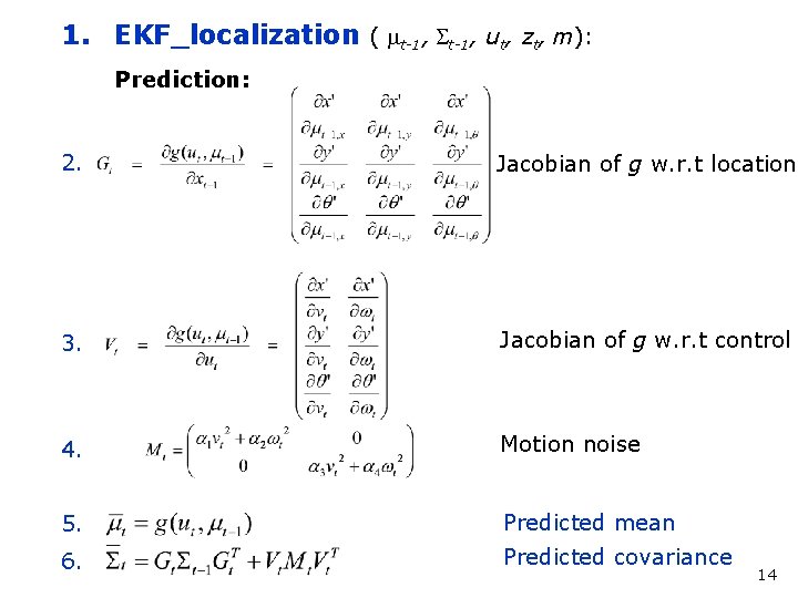 1. EKF_localization ( mt-1, St-1, ut, zt, m): Prediction: 2. Jacobian of g w.