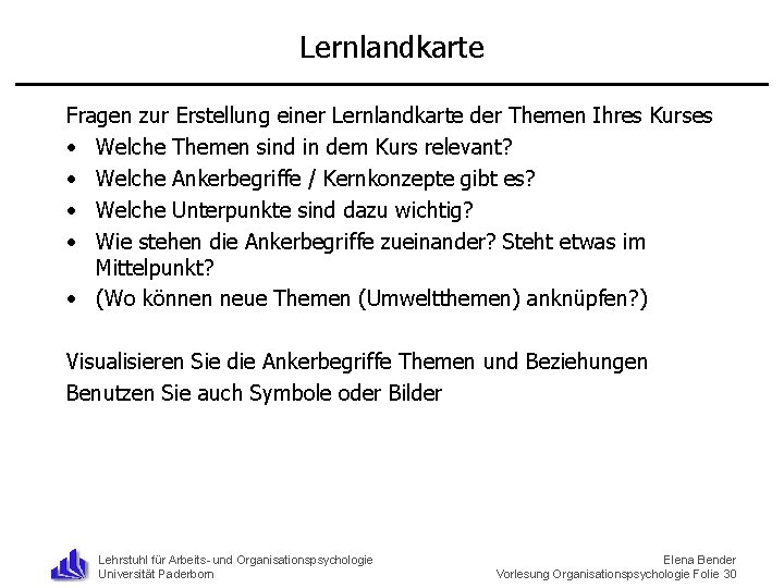 Lernlandkarte Fragen zur Erstellung einer Lernlandkarte der Themen Ihres Kurses • Welche Themen sind