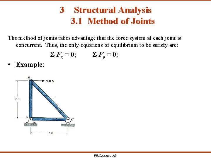 3 Structural Analysis 3. 1 Method of Joints The method of joints takes advantage