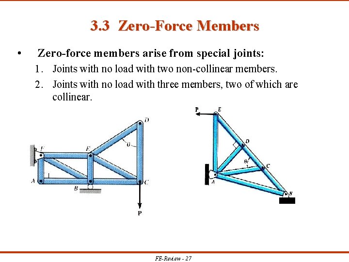 3. 3 Zero-Force Members • Zero-force members arise from special joints: 1. Joints with