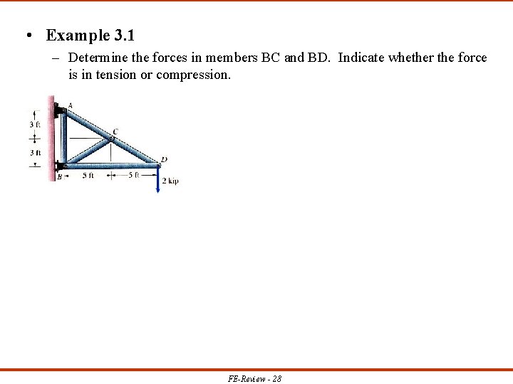  • Example 3. 1 – Determine the forces in members BC and BD.