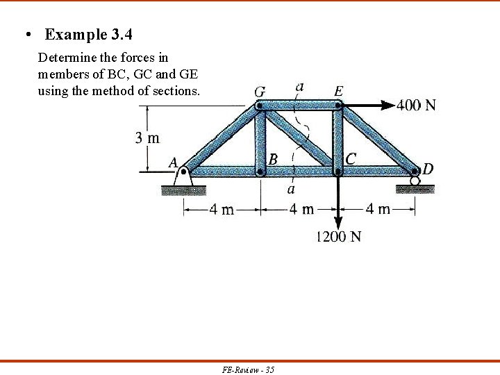  • Example 3. 4 Determine the forces in members of BC, GC and