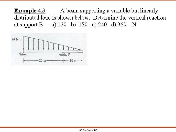 Example 4. 3 A beam supporting a variable but linearly distributed load is shown