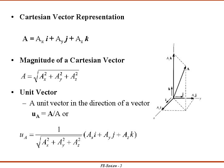  • Cartesian Vector Representation A = Ax i + Ay j + Az