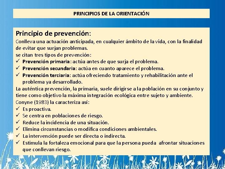 PRINCIPIOS DE LA ORIENTACIÓN Principio de prevención: Conlleva una actuación anticipada, en cualquier ámbito