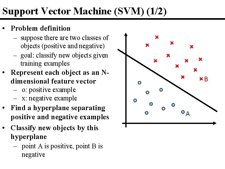 Support Vector Machine (SVM) (1/2) • Problem definition – suppose there are two classes Support Vector Machine (SVM) (1/2) • Problem definition – suppose there are two classes