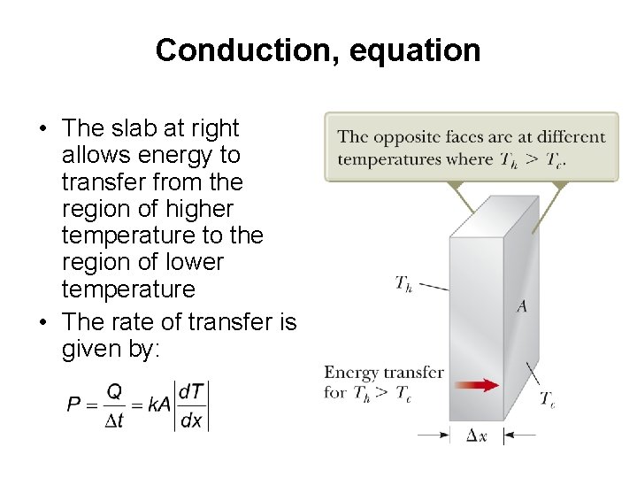 Conduction, equation • The slab at right allows energy to transfer from the region