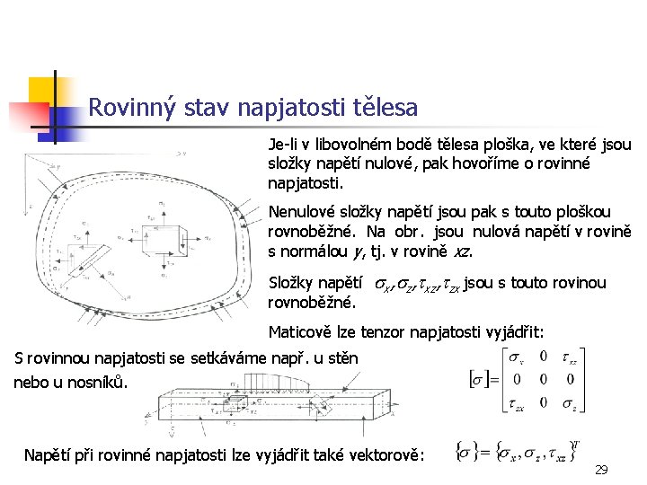 Rovinný stav napjatosti tělesa Je-li v libovolném bodě tělesa ploška, ve které jsou složky