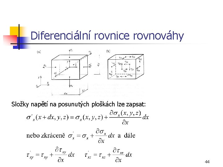 Diferenciální rovnice rovnováhy Složky napětí na posunutých ploškách lze zapsat: 44 