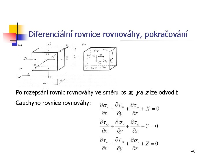 Diferenciální rovnice rovnováhy, pokračování Po rozepsání rovnic rovnováhy ve směru os x, y a