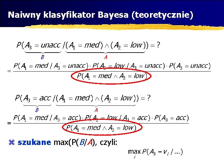 Naiwny klasyfikator Bayesa (teoretycznie) z szukane max(P(B/A), czyli: 