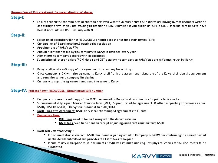 Process flow of ISIN creation & Dematerialization of shares Step-I: Step-III: • Ensure that