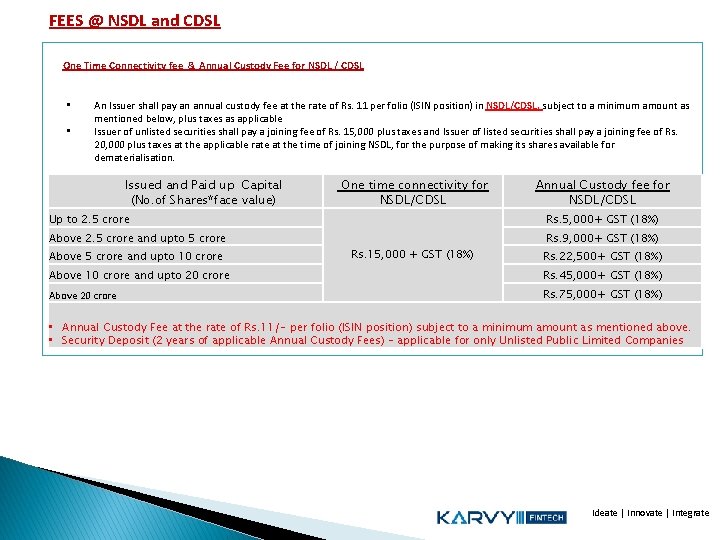 FEES @ NSDL and CDSL One Time Connectivity fee & Annual Custody Fee for